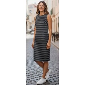 Talbots Black White Striped Sleeveless Sheath Dress Size 10 Cotton Blend Knit